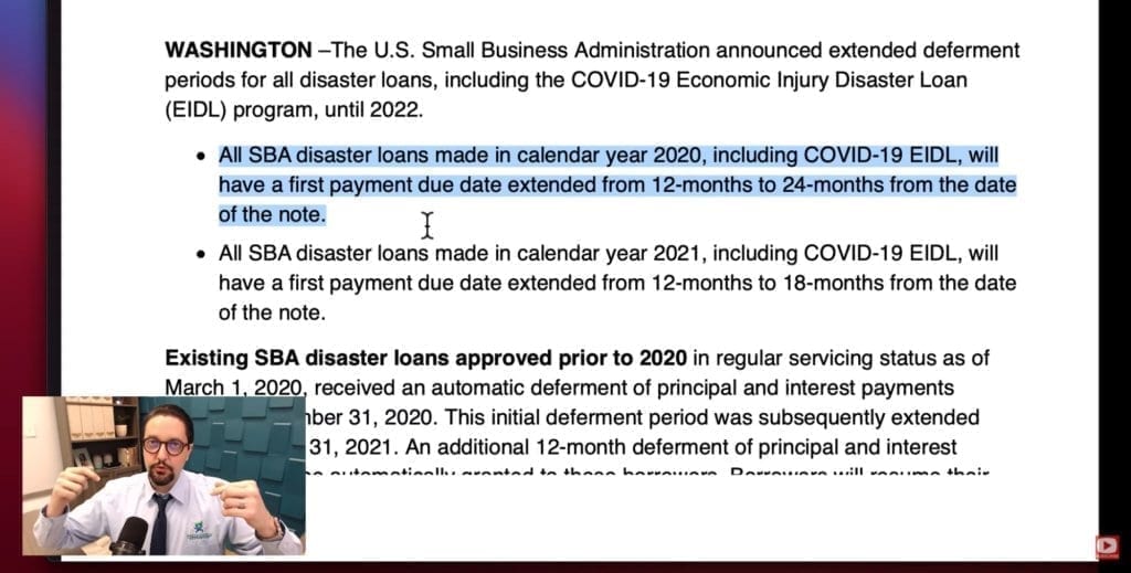 NO SBA EIDL Loan Payments Until 2022